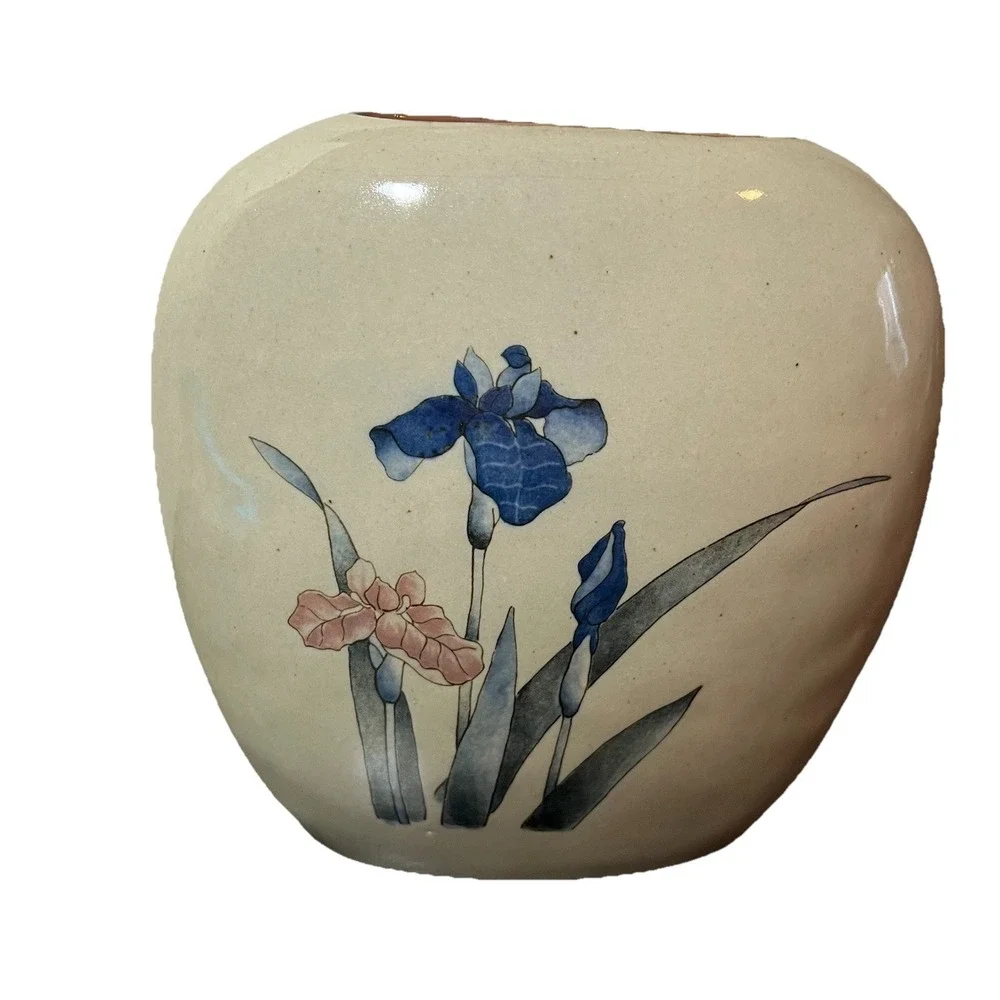 Otagiri MCM Flat Vase Royal Iris Handcrafted VTG Decor Floral‎ Botanical Japan
